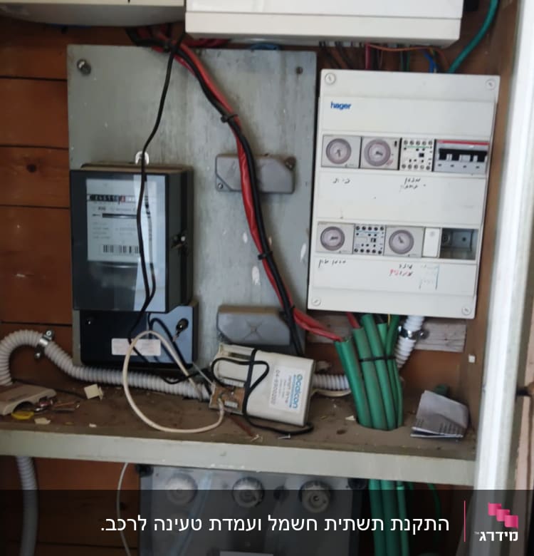 לוח חשמל עם חוטים ירוקים ושעוני מדידה